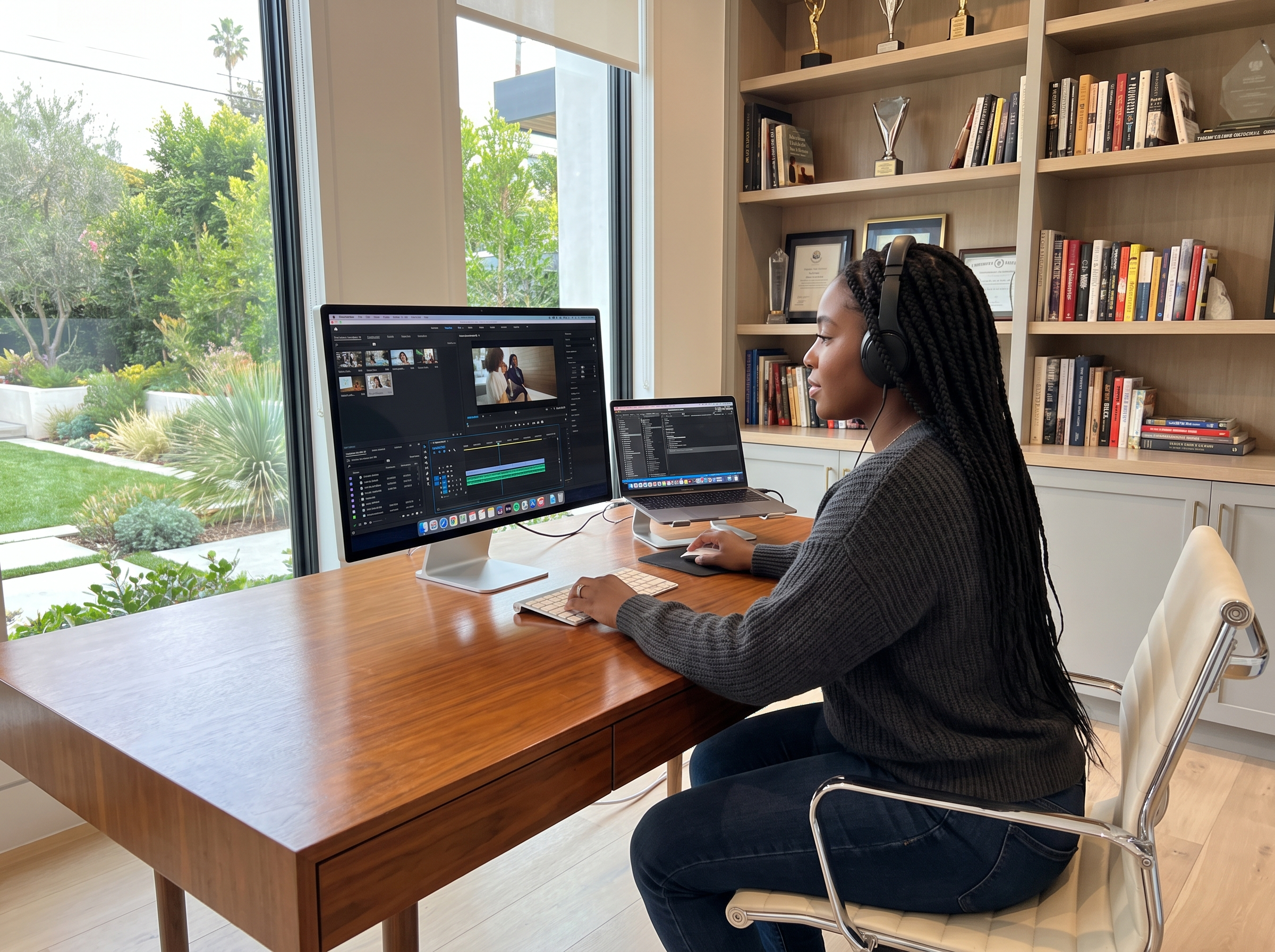 Woman working at home editing videos for YouTube